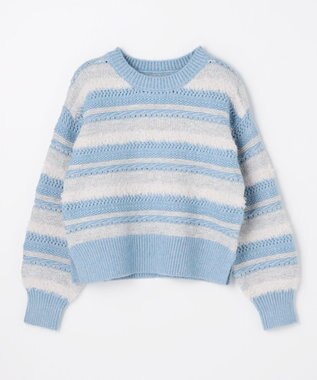 ANY パターンボーダーニット ライトブルー系