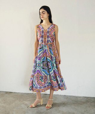 GRACE CONTINENTAL パネルプリントティアードワンピース オレンジ
