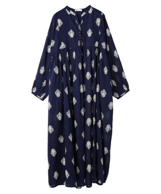 CRAFT STANDARD BOUTIQUE インド綿混フラワーモチーフワンピース Navy