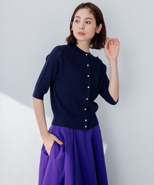 組曲 【前後着用可】MINAレーシーニット カーディガン ネイビー系