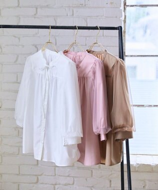 Feroux 袖チュールリボンスキッパー ブラウス ホワイト系