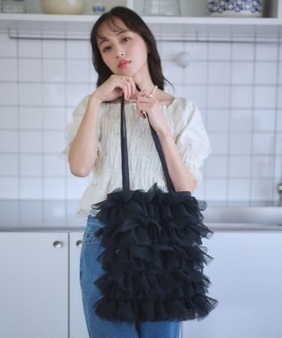 earth music&ecology ドットチュールフリルトートバッグ Black