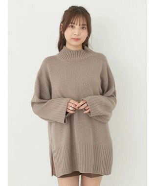 earth music&ecology アンチピリングリブハイネックチュニック Gray Beige