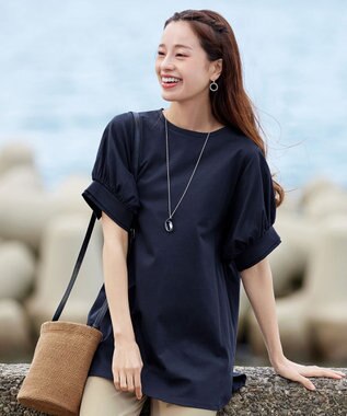 Tiaclasse 【UVケア・接触冷感】“あまラク” ボリュームパフスリーブカットソーチュニック ネイビー