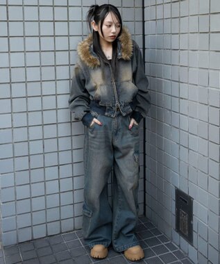 WEGO ファーフードデニムショートブルゾン デニム中濃加工色