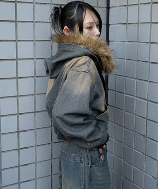 WEGO ファーフードデニムショートブルゾン デニム中濃加工色