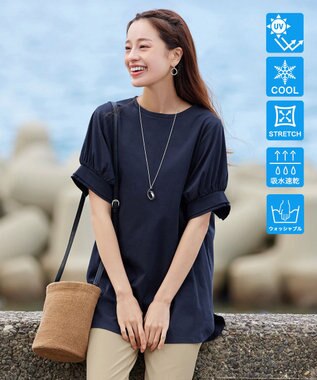 Tiaclasse 【UVケア・接触冷感】“あまラク” ボリュームパフスリーブカットソーチュニック ネイビー