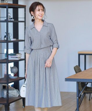 Tiaclasse L 【洗える】小顔効果も期待できるスキッパーシャツワンピース ネイビーストライプ