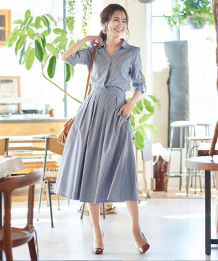 Tiaclasse L 【洗える】小顔効果も期待できるスキッパーシャツワンピース ネイビーストライプ