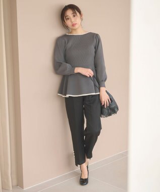 Feroux 【洗える】バイカラーペプラム ニット グレー系1