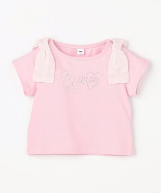 ANY KIDS 【綿100%】肩リボン×ラインストーンロゴ 半袖Tシャツ ピンク