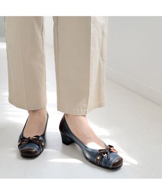 Pointer 日本製 本革リボン付きパンプス ネイビー×ブラウン