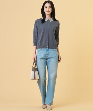 J.PRESS LADIES S 【2WAY】レースカラーコンビ カーディガン グレー×ライトグレー系