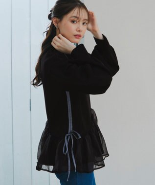 Tiaclasse 【洗える】ペプラムオーガンジーポンチトップス ブラック