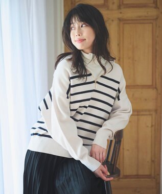 ANY 【洗濯機可】しあわせタッチハーフジップフーディー オイスターボーダー