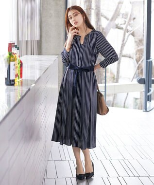 Tiaclasse 【2WAY・洗える】バンドカラーストライプリボンワンピース ネイビー