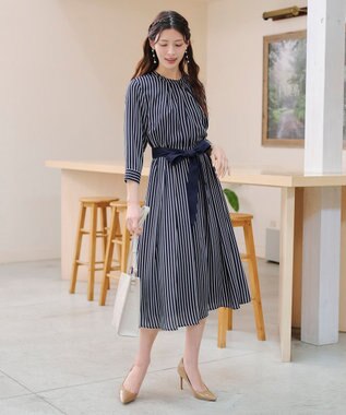 Tiaclasse 【2WAY・洗える】バンドカラーストライプリボンワンピース ネイビー