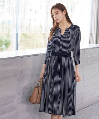 Tiaclasse 【2WAY・洗える】バンドカラーストライプリボンワンピース ネイビー