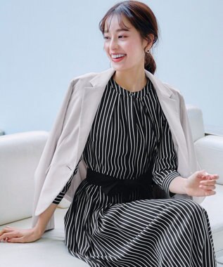 Tiaclasse 【2WAY・洗える】バンドカラーストライプリボンワンピース ブラック