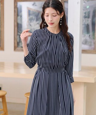 Tiaclasse 【2WAY・洗える】バンドカラーストライプリボンワンピース ネイビー