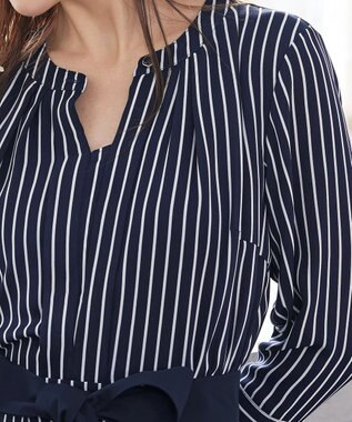 Tiaclasse 【2WAY・洗える】バンドカラーストライプリボンワンピース ネイビー