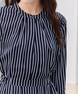 Tiaclasse 【2WAY・洗える】バンドカラーストライプリボンワンピース ネイビー