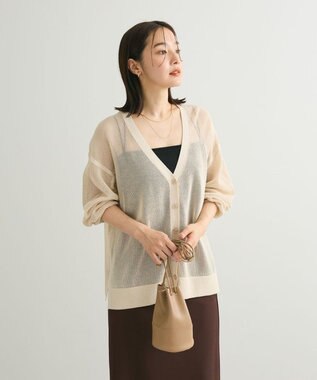 Green Parks メッシュミディ丈ニットカーディガン Ecru