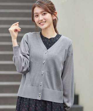 Tiaclasse ラメシアー天竺パールボタンカーディガン グレー