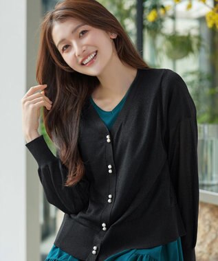 Tiaclasse ラメシアー天竺パールボタンカーディガン ブラック