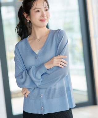 Tiaclasse ラメシアー天竺パールボタンカーディガン サックス