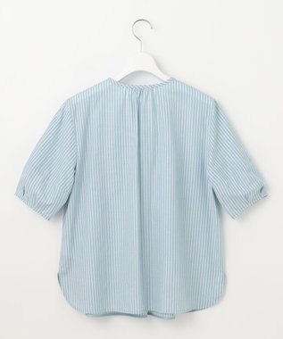 J.PRESS LADIES 【洗える】BEZ空羽ストライプ クルーネック V開き ブラウス シーブルー系1