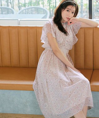 Tiaclasse L 【洗える】ペイズリー柄フレアスリーブワンピース ピンク