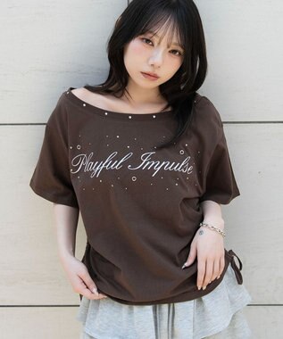 WEGO サイドドロストオフショルグラフィックT ブラウン
