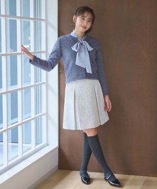 Feroux 【洗える】サテン ボウタイブラウス ブルー系