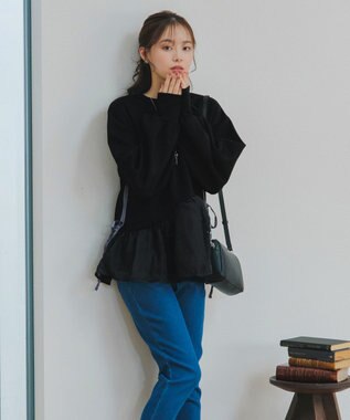 Tiaclasse 【洗える】ペプラムオーガンジーポンチトップス ブラック