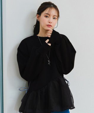 Tiaclasse 【洗える】ペプラムオーガンジーポンチトップス ブラック