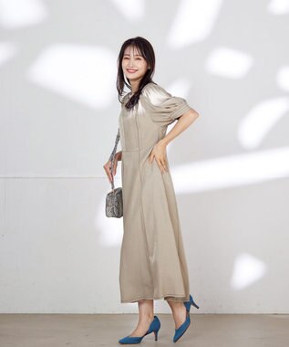 Tiaclasse L 【洗える】パフスリーブ配色ステッチワンピース ベージュ