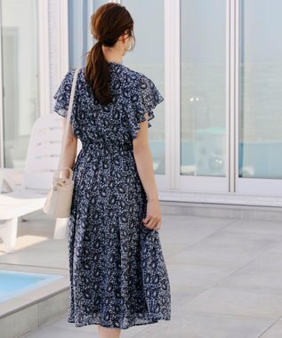 Tiaclasse L 【洗える】ペイズリー柄フレアスリーブワンピース ネイビー