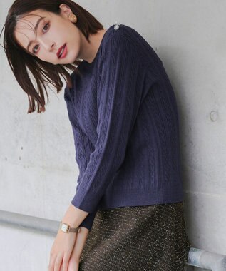 Tiaclasse L 【洗える】肩ボタンケーブルニットトップス ネイビー