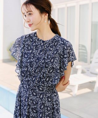 Tiaclasse L 【洗える】ペイズリー柄フレアスリーブワンピース ネイビー