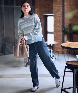 ANY パターンボーダーニット ライトブルー系