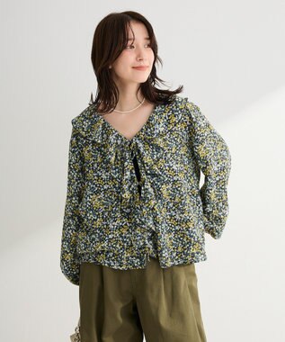 Green Parks 花柄フリルブラウス Black