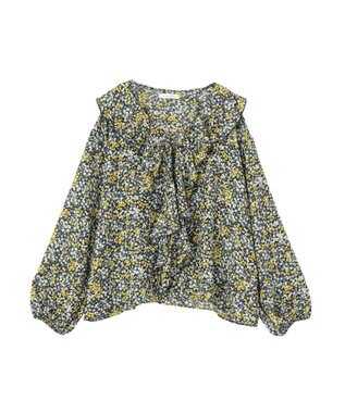 Green Parks 花柄フリルブラウス Black