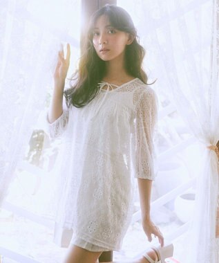 earth music&ecology パフスリーブ楊柳刺繍チュニック White