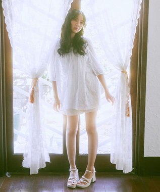 earth music&ecology パフスリーブ楊柳刺繍チュニック White