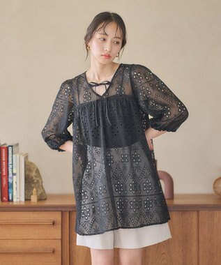 earth music&ecology パフスリーブ楊柳刺繍チュニック Black