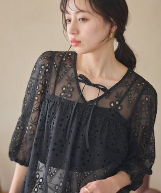 earth music&ecology パフスリーブ楊柳刺繍チュニック Black