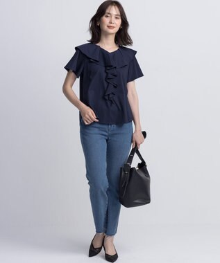 組曲 L ブラウスライクラッフル カットソー ネイビー系