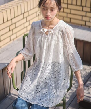 earth music&ecology パフスリーブ楊柳刺繍チュニック White