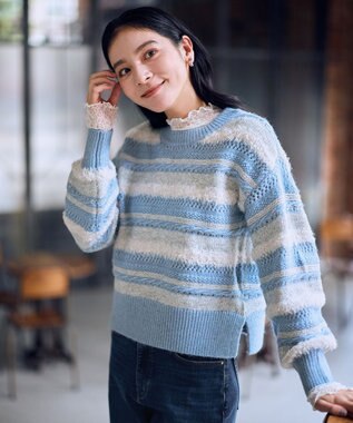 ANY パターンボーダーニット ライトブルー系